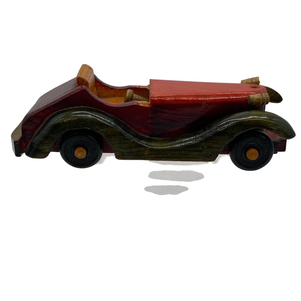 Handmade Wooden Roadster Model Car Red Green Vintage Folk Art Decor 5.5 Inch